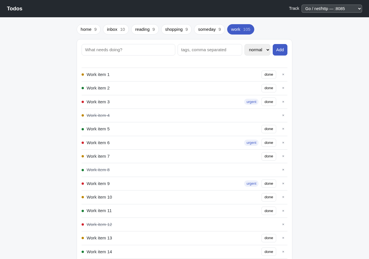 The running todo app, with the track selector, list tabs, a form for adding todos, and tasks with tags, priorities, and completion buttons.